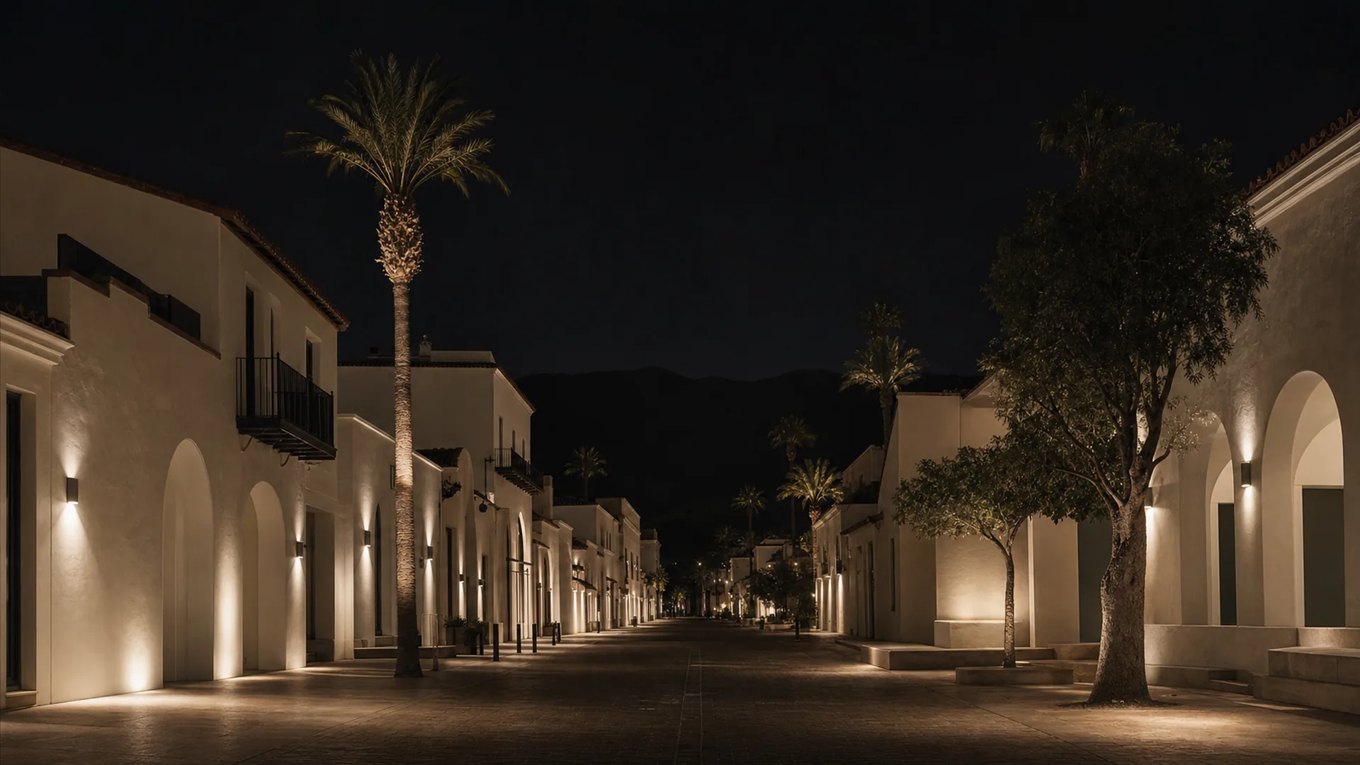 A quiet stretch of State Street lined with varied Spanish Colonial buildings and palms leads toward Santa Barbara's mountains at night.