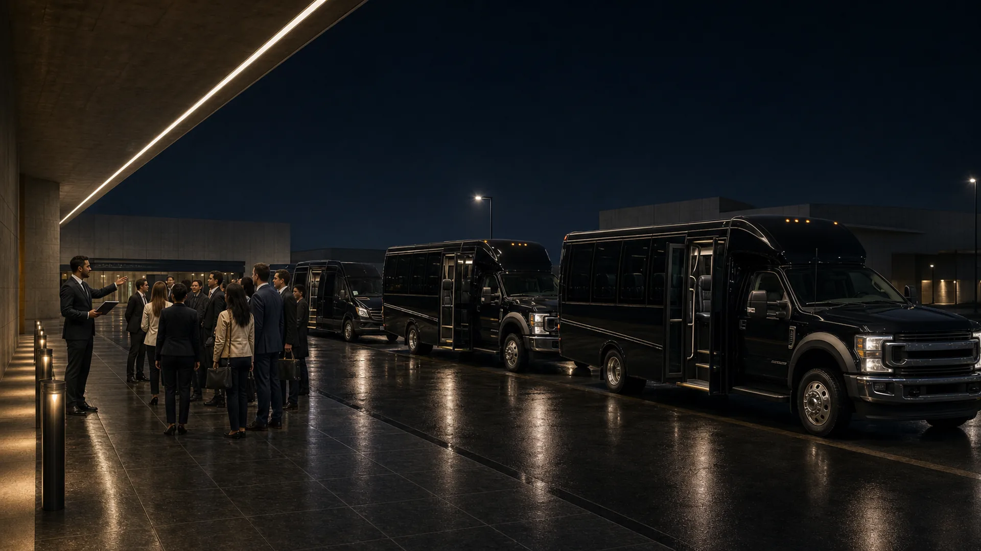 A greeter with a tablet welcomes a group of business travelers beside a black Mercedes-Benz Sprinter van and two Ford F-550 mini-coaches at night.