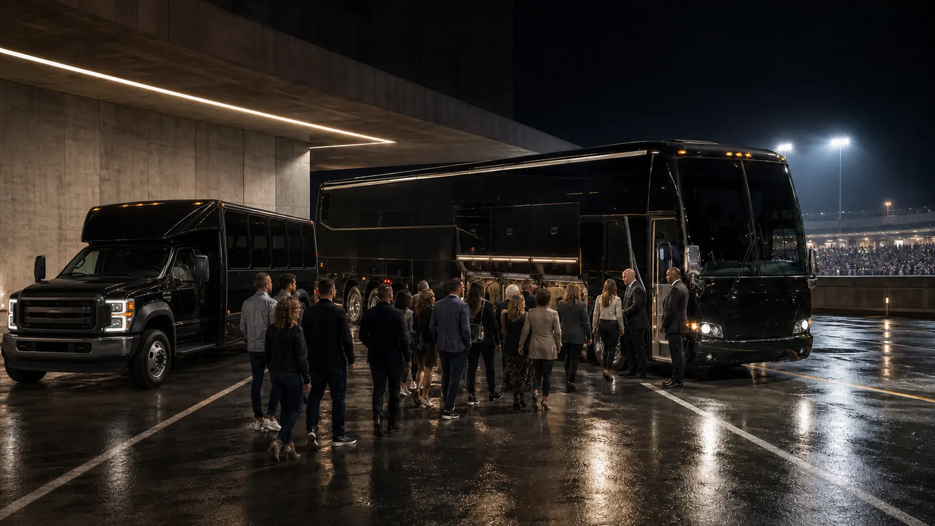 A crowd walks across a wet parking lot at night toward a black Ford F-550 shuttle and a large motorcoach, with a lit stadium behind them.