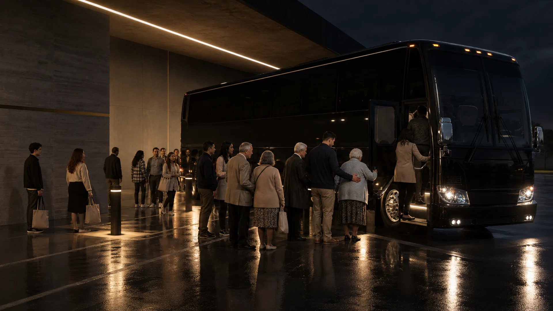 A mixed-age group, including elderly passengers helped by companions, boards a black motorcoach at night on a wet, lamplit forecourt.