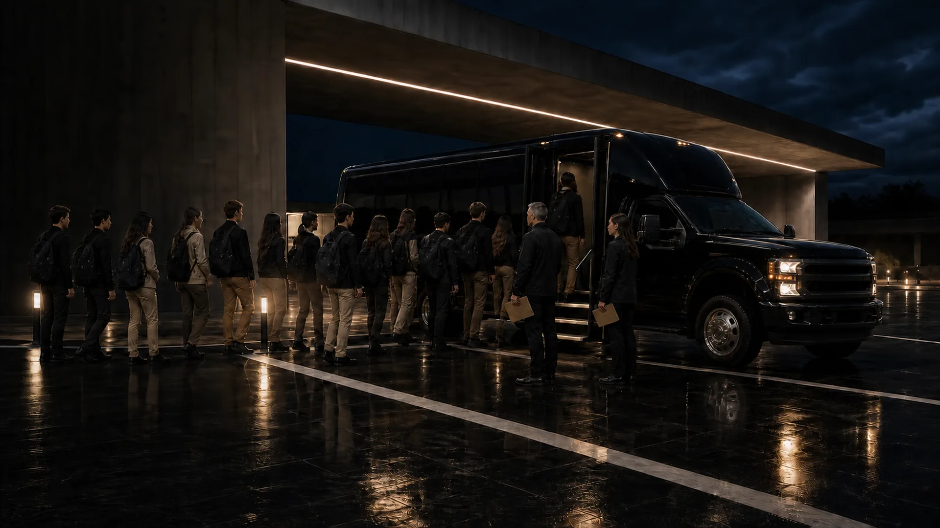 Students in uniforms carrying bags line up to board a black Ford F-550 mini-coach at night, staff holding clipboards nearby.